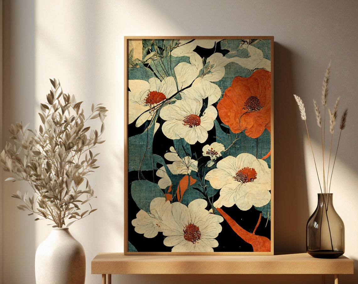 Bold Japanese Floral Art Poster with White and Orange Blooms