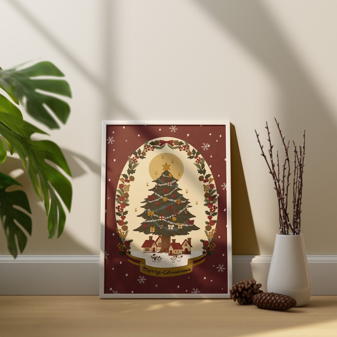 Merry Christmas Vintage Decorated Tree Holly Wreath Holiday Poster - Image 2