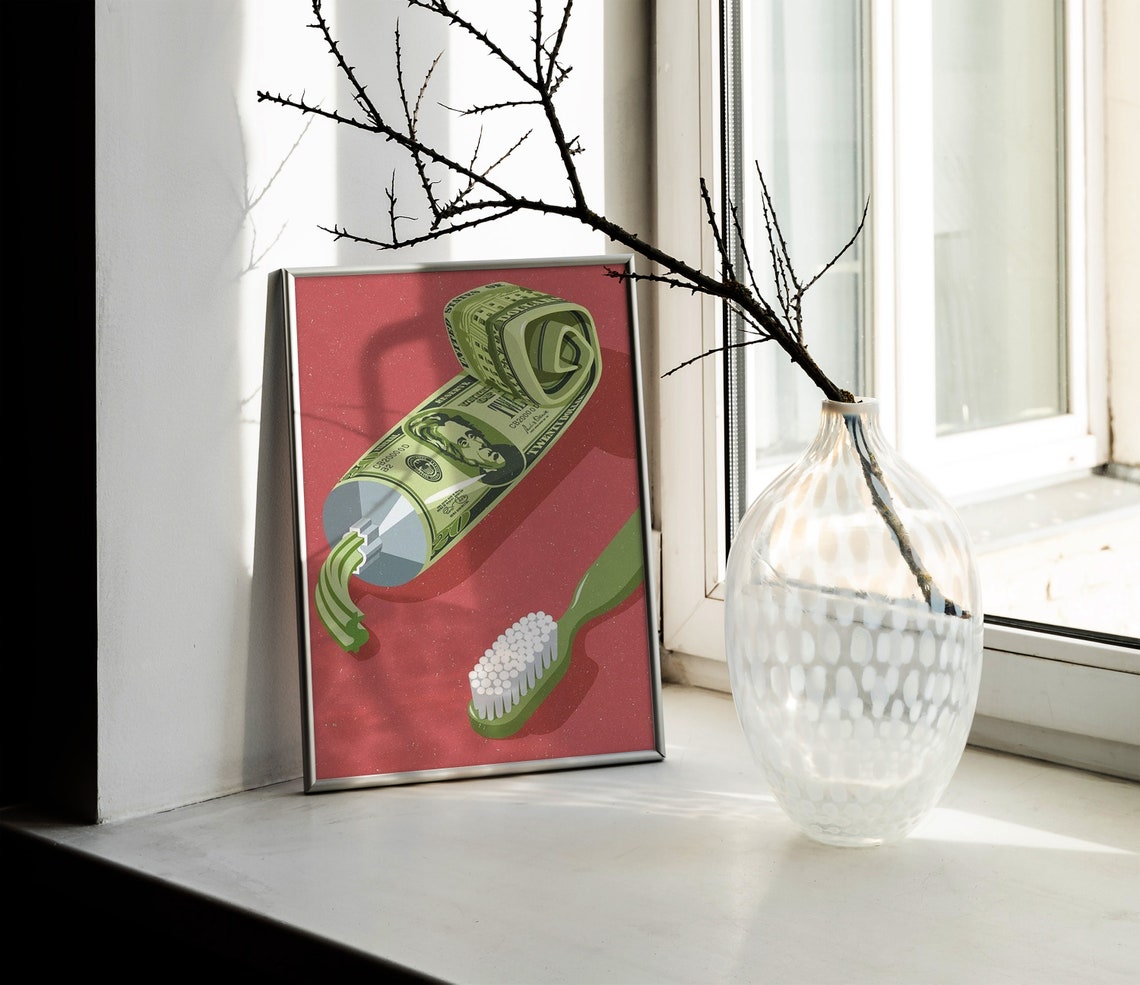 Money Toothpaste Surreal Pop Art Witty Green Bathroom Poster - Image 2
