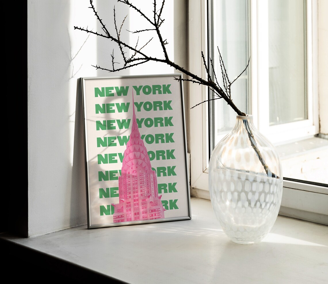 New York Chrysler Building Pink Skyline Green Type Travel Poster - Image 2