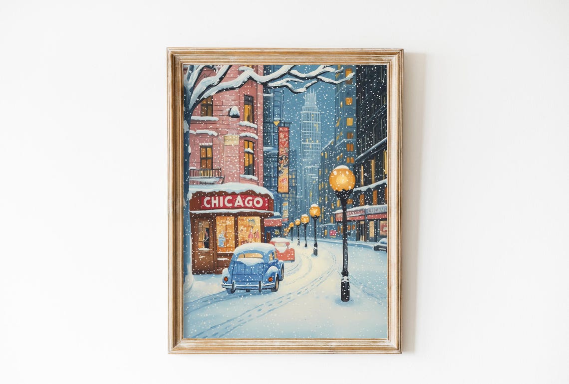 Retro Winter Chicago Poster Christmas Chicago Wall Art Vintage Oil Painting Usa Travel Poster Dorm Decor Gift Soft Pink City Landscape
