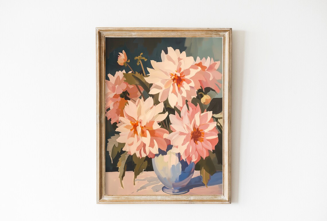 Pink Dahlia Bouquet Dark Vintage Moody Botanical Floral Poster