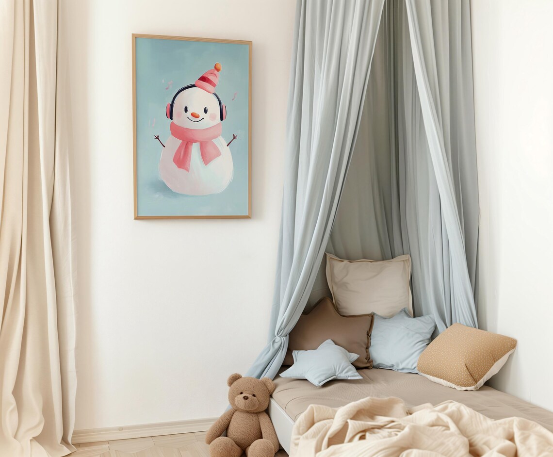 Musical Snowman with Headphones on Blue Kids Christmas Poster - Image 2