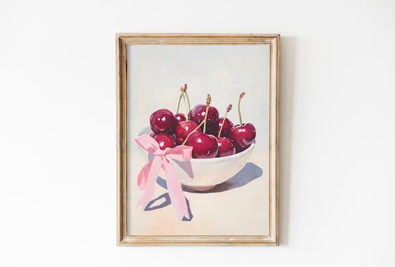 Cherries And Bow Art Print Retro Cherries Poster Coquette Room Decor Grandmillenial Art Kitchen Painting Girly Art Fruit Farmhouse Art