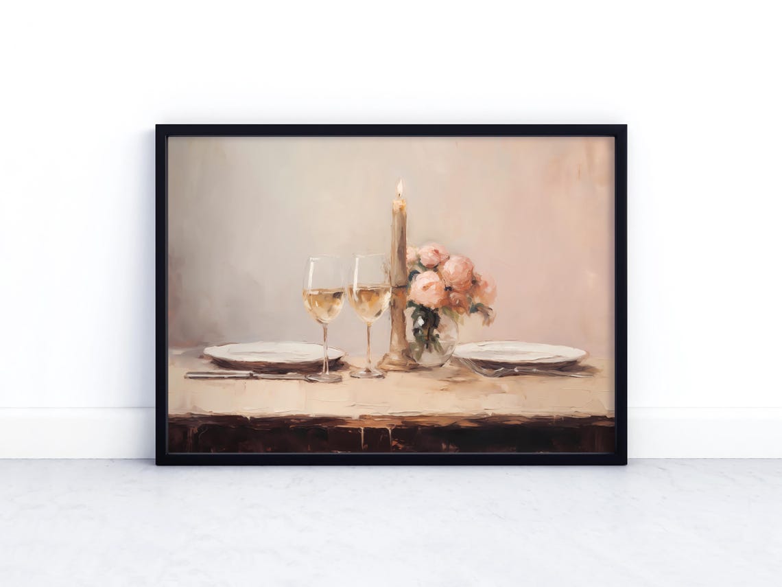 Romantic Candlelit Dinner Wine Glasses Neutral Vintage Table Art Print - Image 2
