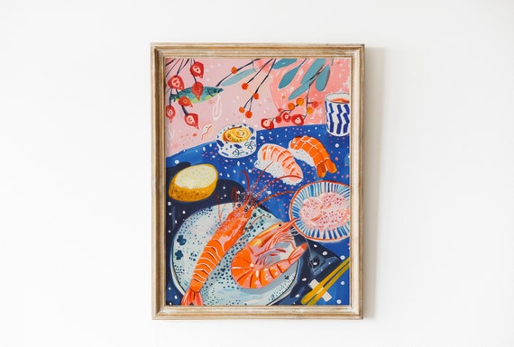 Delicious Sushi And Shrimps Print Seafood Kitchen Art Japanese Poster Flatlay Food In The Table Cute Pink Wall Art Decor