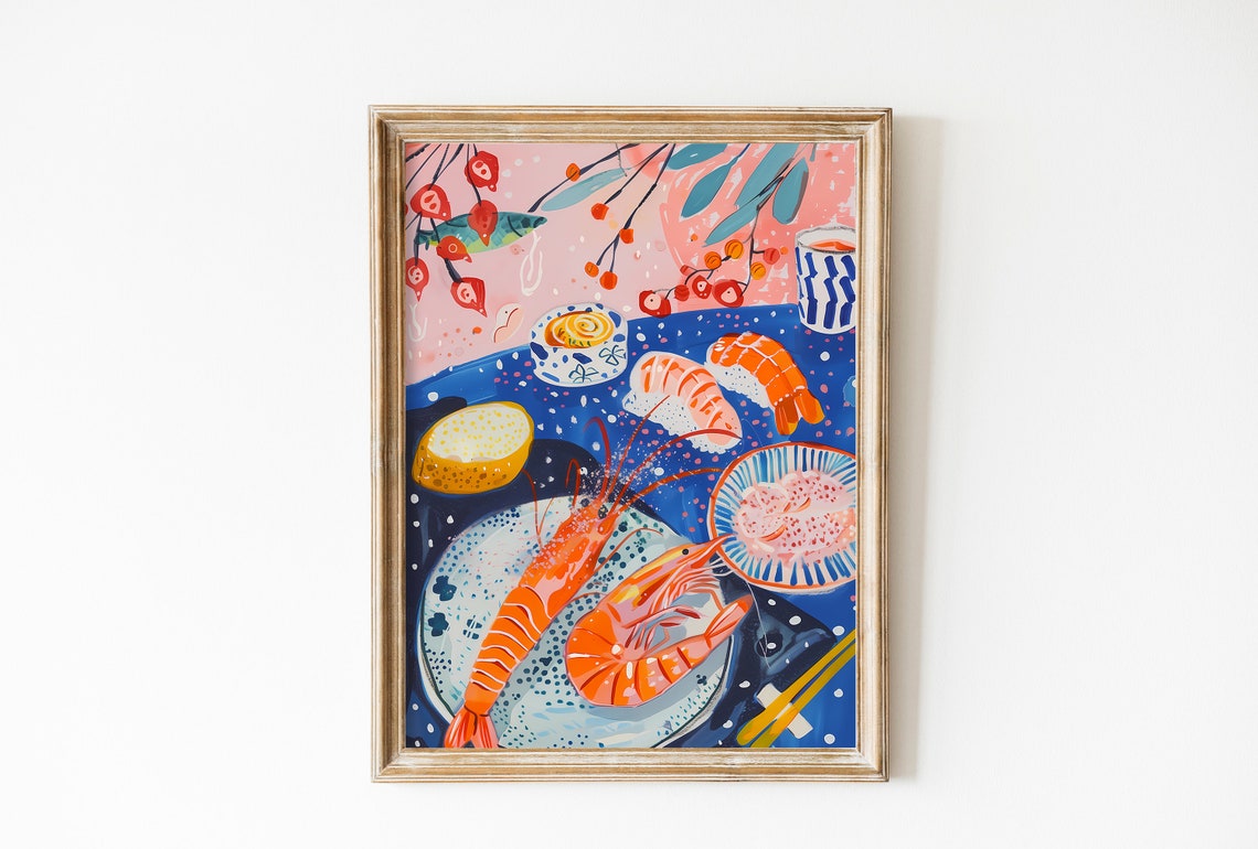 Japanese Sushi Shrimp Seafood Flatlay Cute Pink Kitchen Art Poster