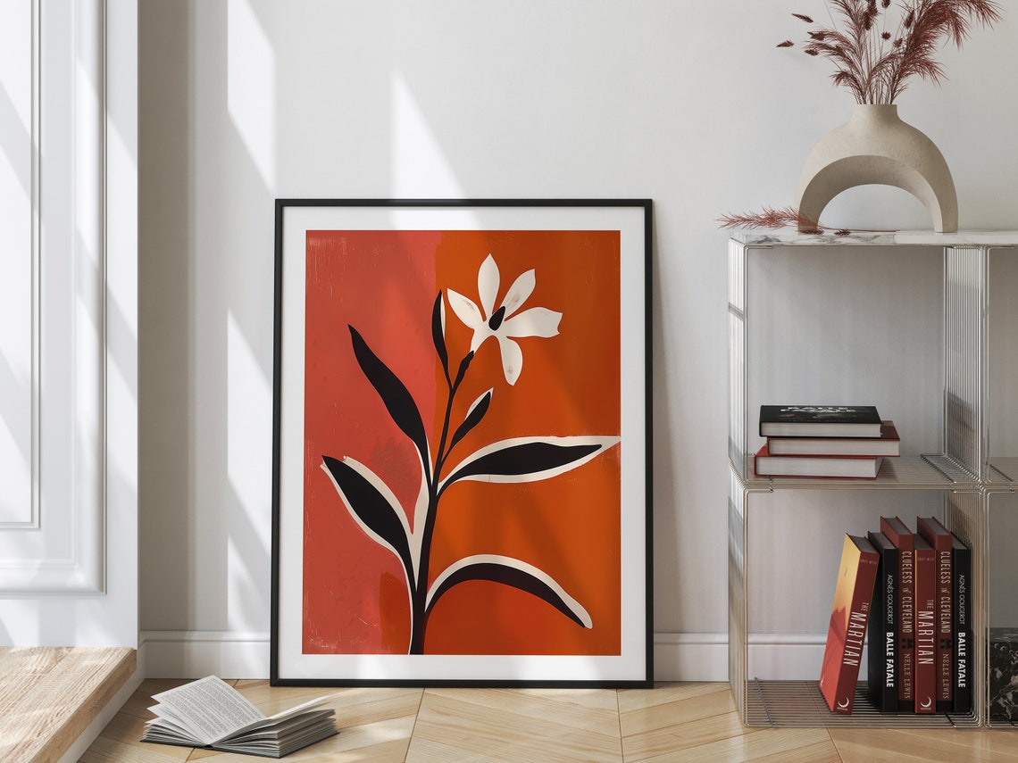 Bold Red Background Abstract White Flower Matisse Style Poster - Image 2