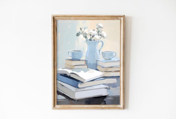 Books, Tea and Flowers Art Print, Soft Blue Floral