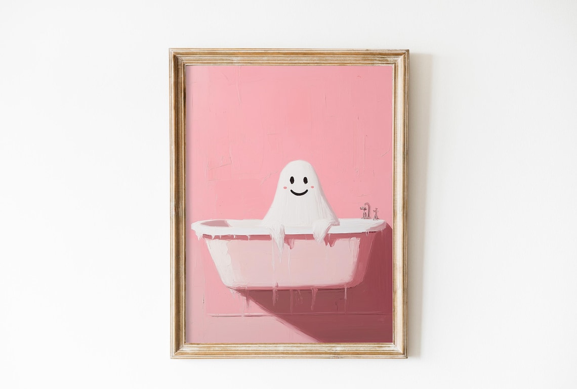 Cute Ghost In Bath Halloween Art Print, Retro Pink Decor