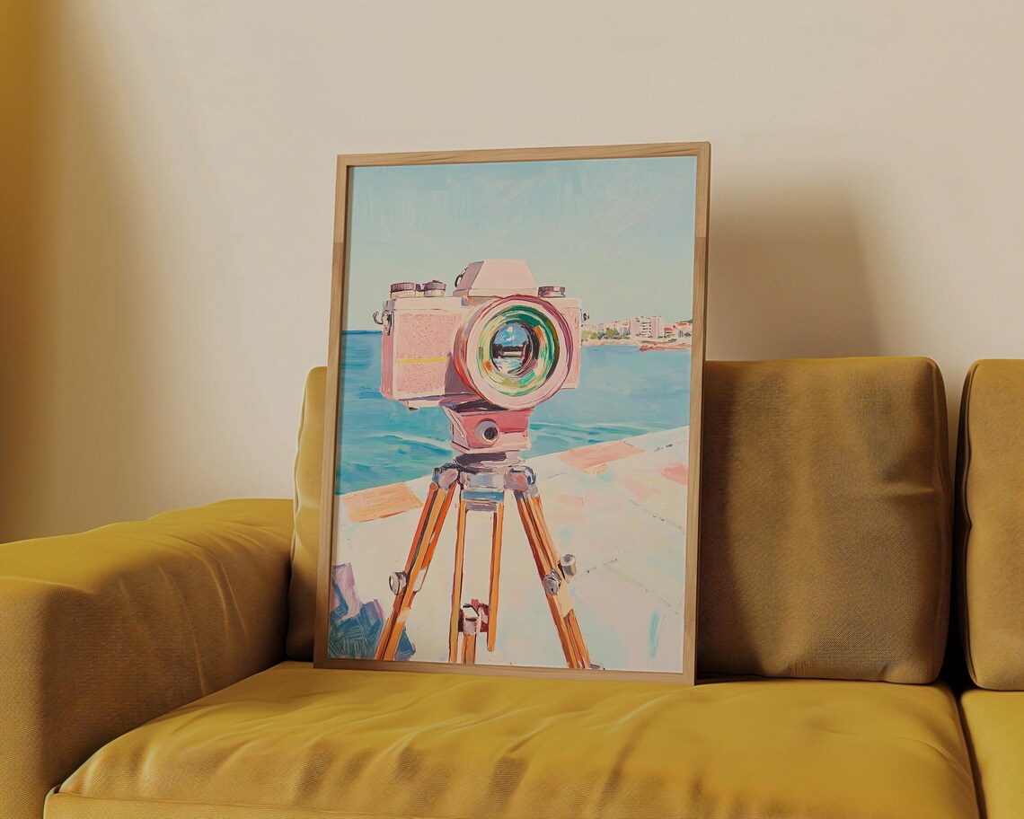 Pink Vintage Film Camera On Tripod Facing Blue Sea Coastal Poster - Image 2