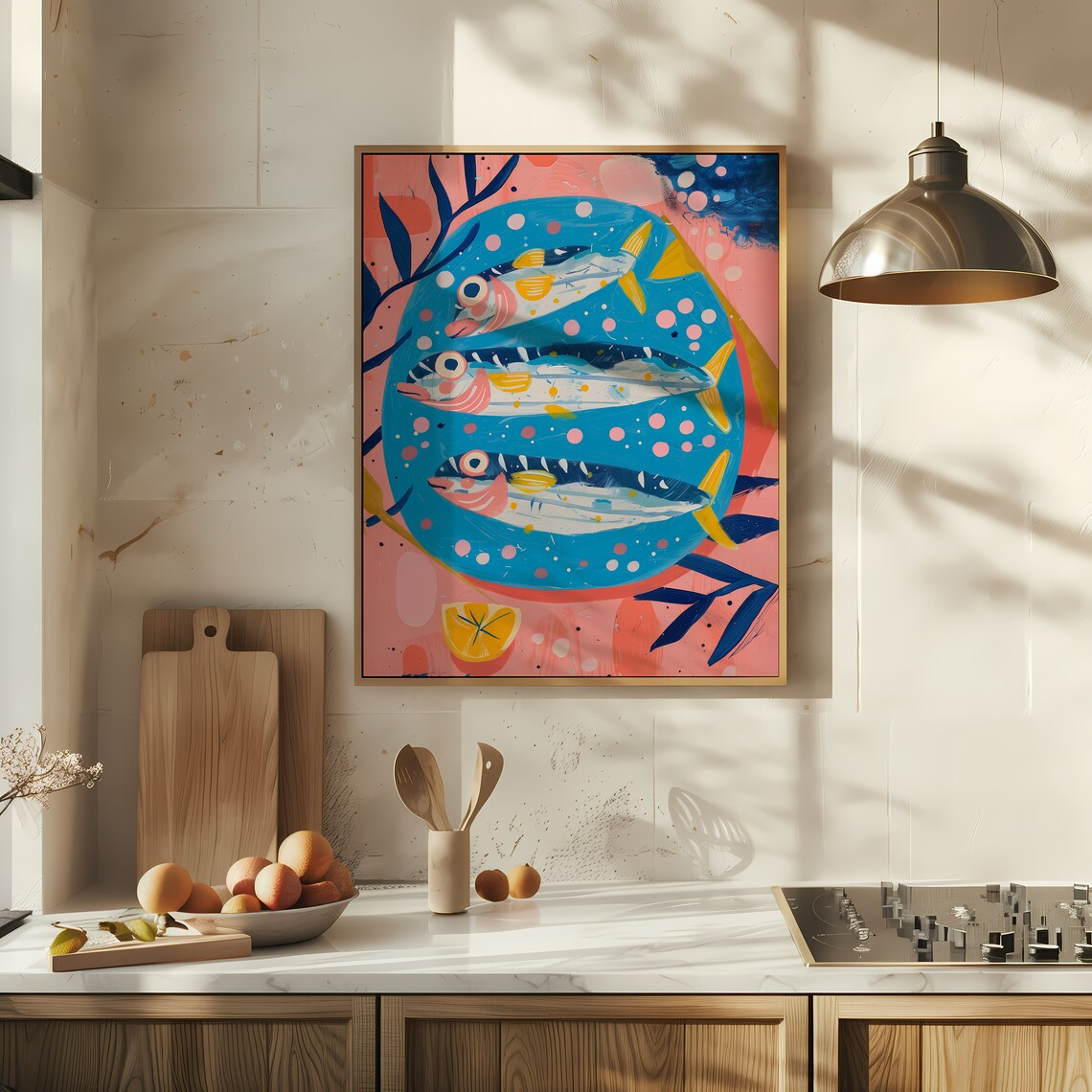 Cute Sardines Print Fish Kitchen Art Retro Italian Dining Room Decor Lemons Wall Art Mediteranean Kitchen Art Decor - Image 3