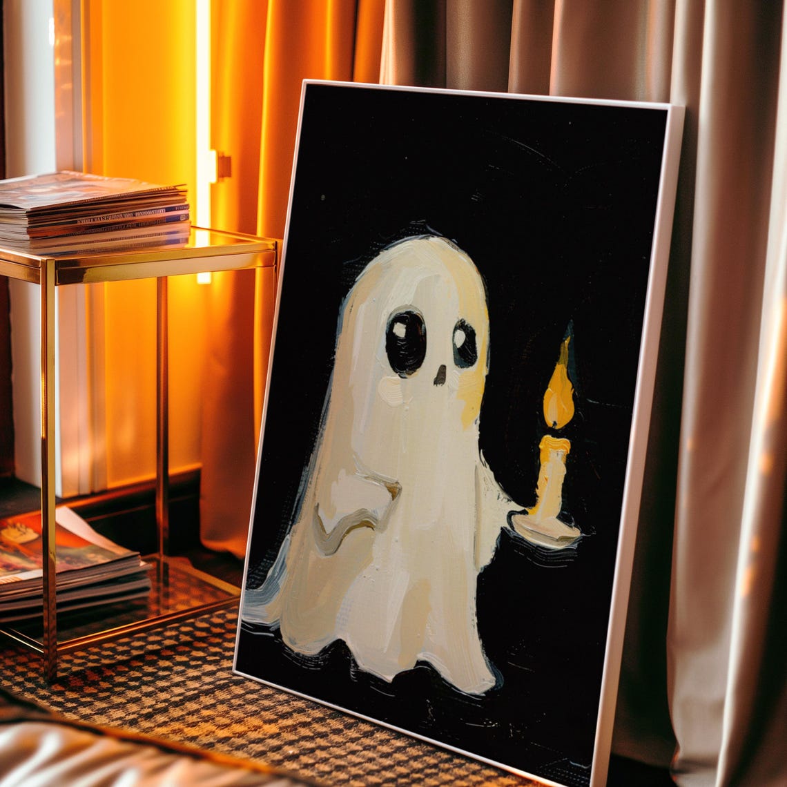 Cute Ghost Holding Candle Black Background Spooky Night Poster - Image 3