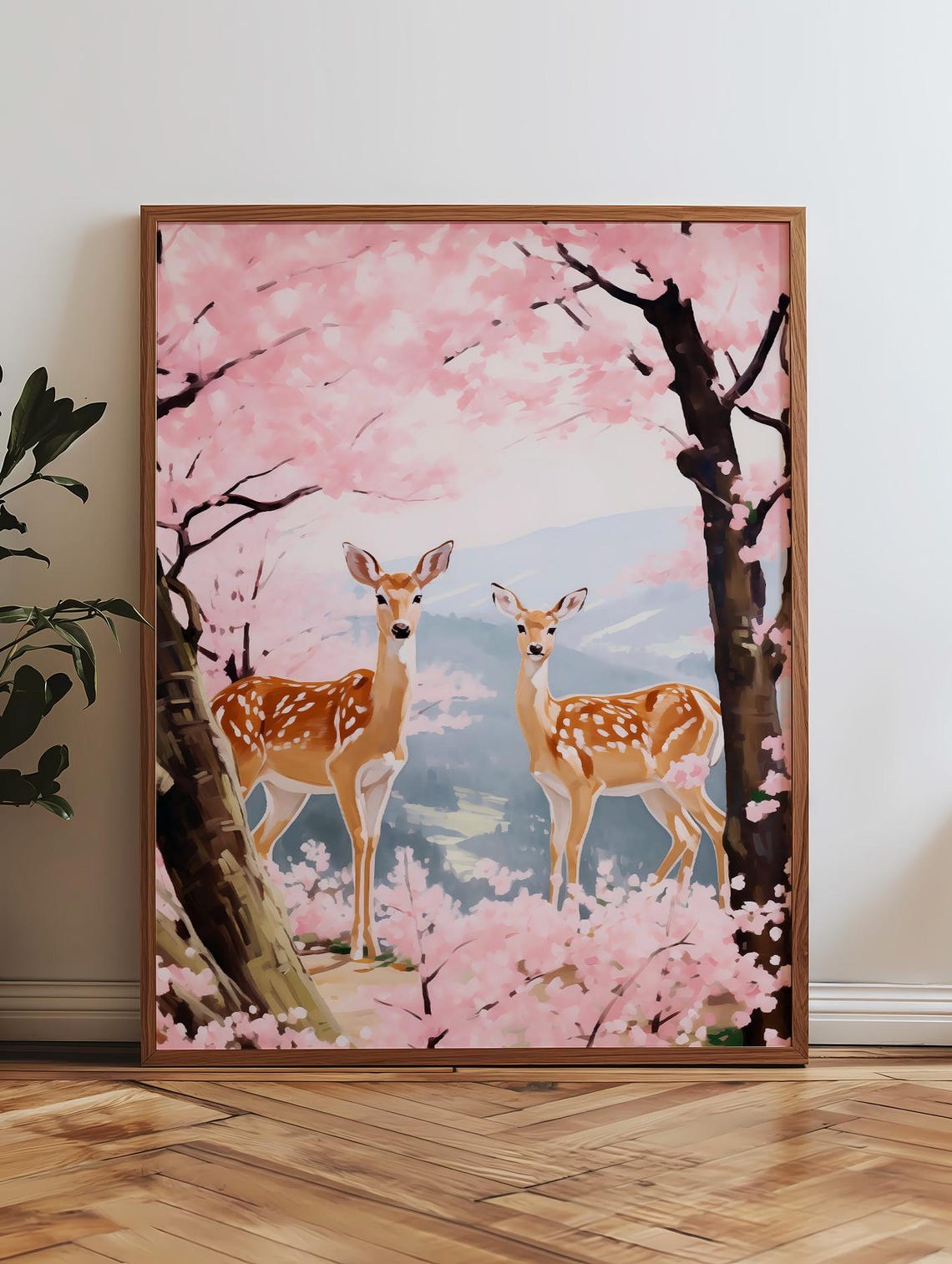 Two Deer Under Pink Cherry Blossoms In Spring Landscape Art Poster - Image 3