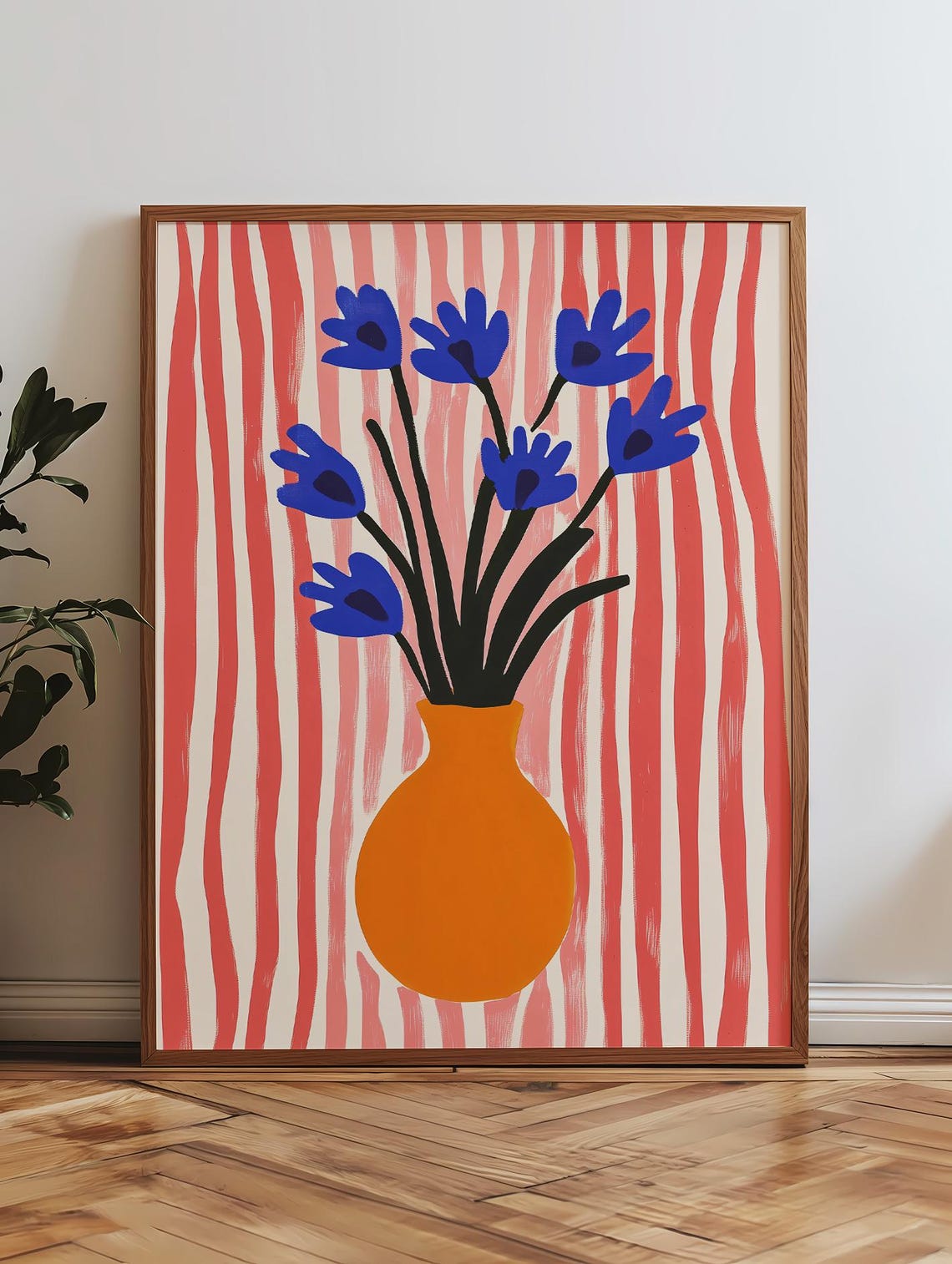 Blue Flowers In Orange Vase On Pink Striped Background Art Poster - Image 3