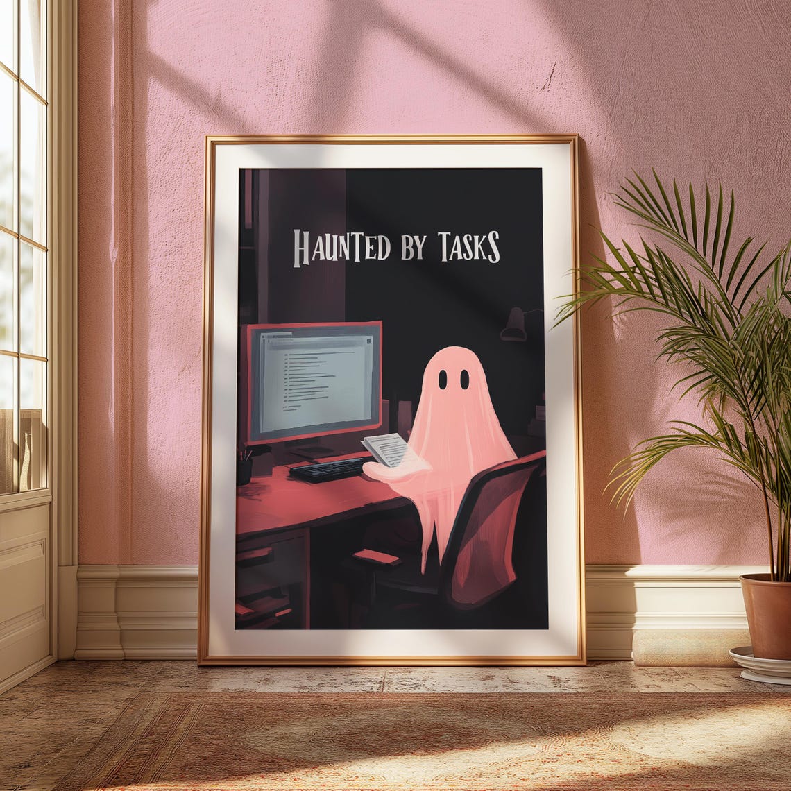 Haunted By Tasks Pink Ghost At Desk Office Halloween Art Poster - Image 2