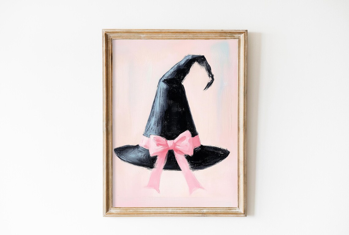Black Witch Hat With Pink Bow Pastel Painting Halloween Art Poster