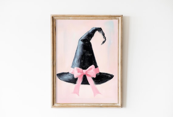 Black Witch Hat With Pink Bow Painting Witchy Halloween Decor Girls Room Halloween Spooky Cute Witches