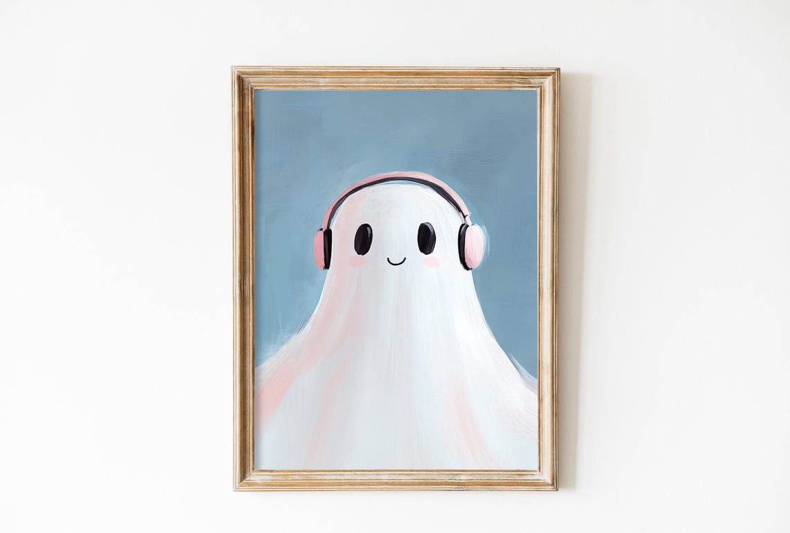 Cute Ghost Wearing Pink Headphones On Blue Background Art Poster