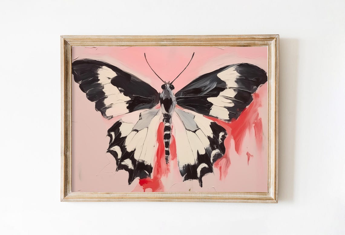 Black White Butterfly Pink Background Bold Insect Art Poster