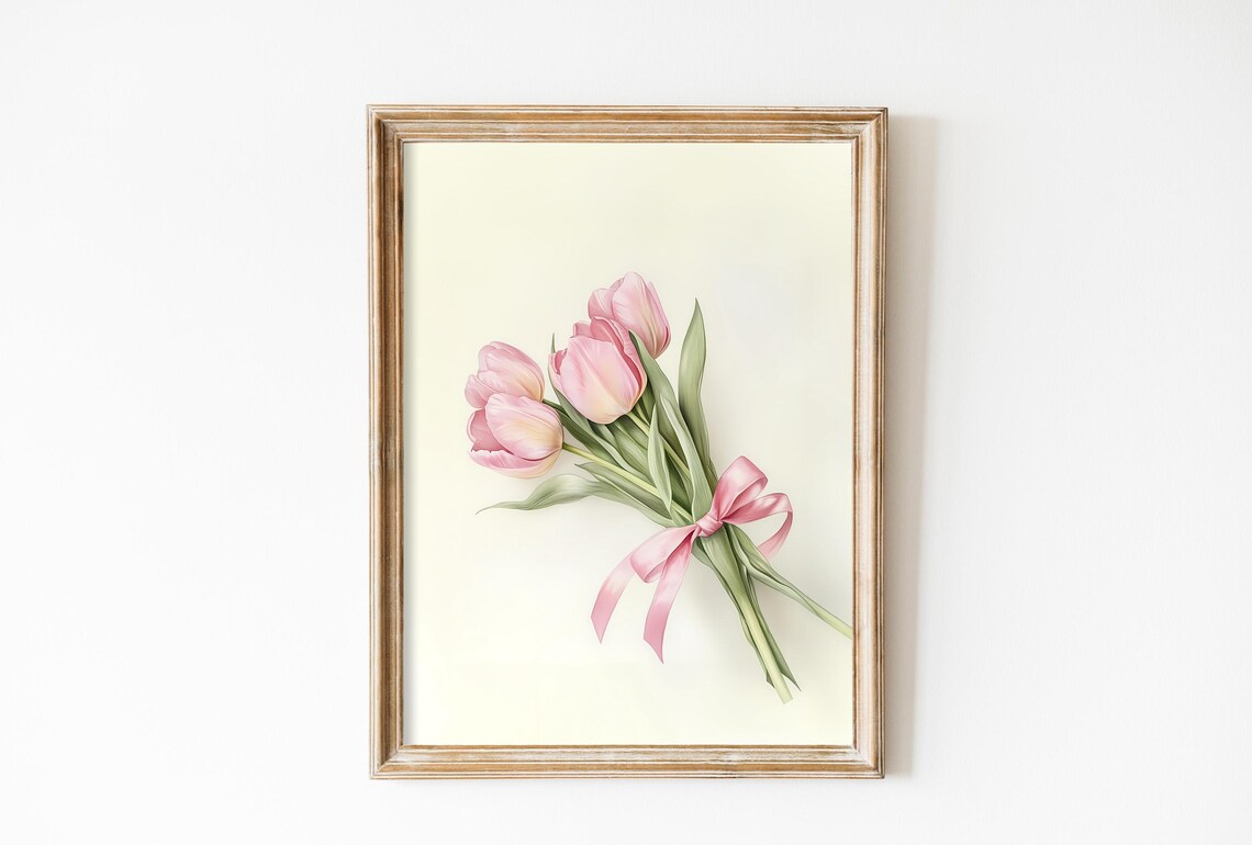 Coquette Pink Tulips Room Decor, Vintage Girly Art