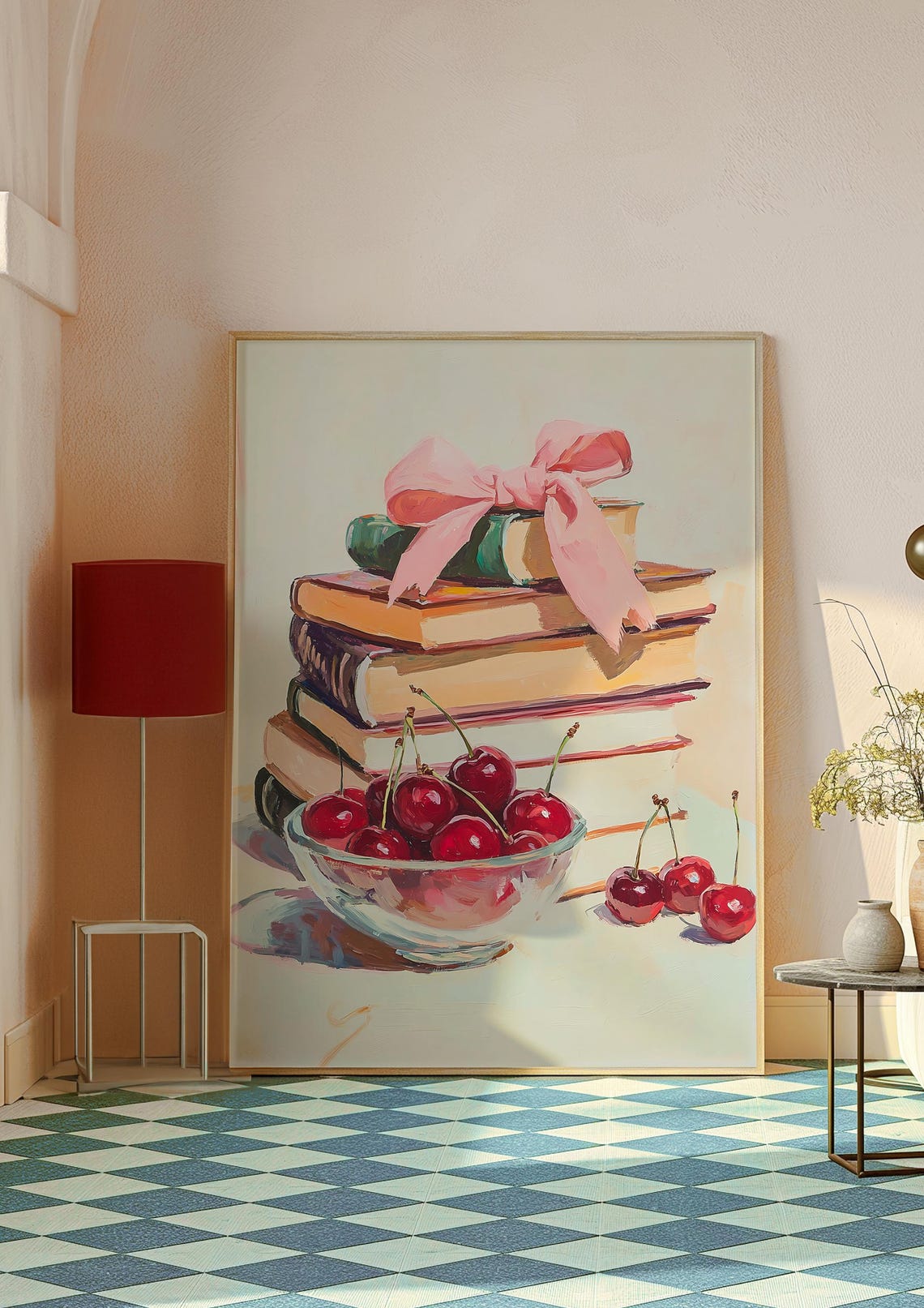 Books and Cherries with Pink Bow Coquette Still Life Decor Art Poster - Image 3