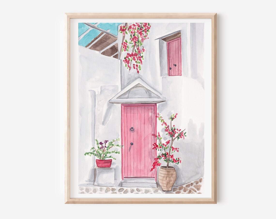 Greek Island Pink Door With Bougainvillea Whitewashed Alley Poster