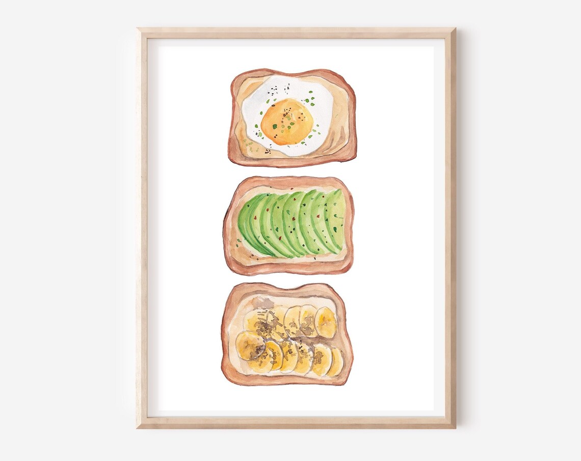 Breakfast Toast Trio Fried Egg Avocado Banana Watercolor Kitchen Print