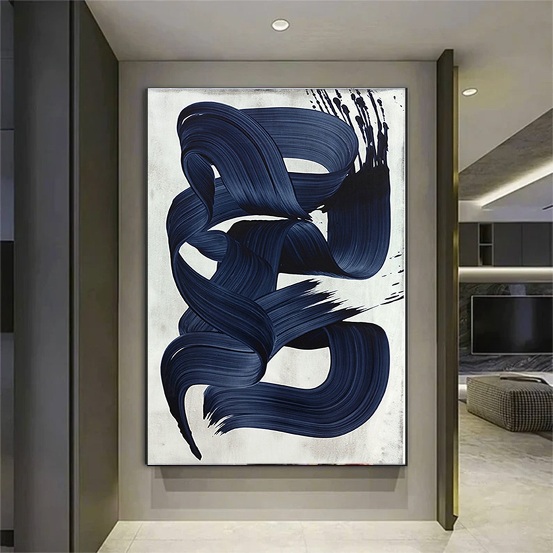 Abstract Navy Blue Brushstroke Swirls on White Contemporary Poster