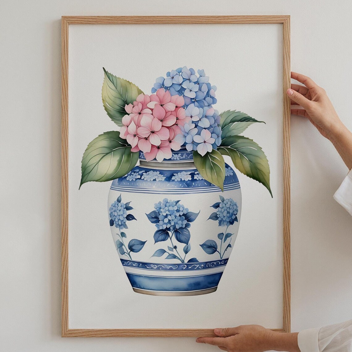 Pink And Blue Hydrangeas In Chinoiserie Vase Watercolor Floral Poster
