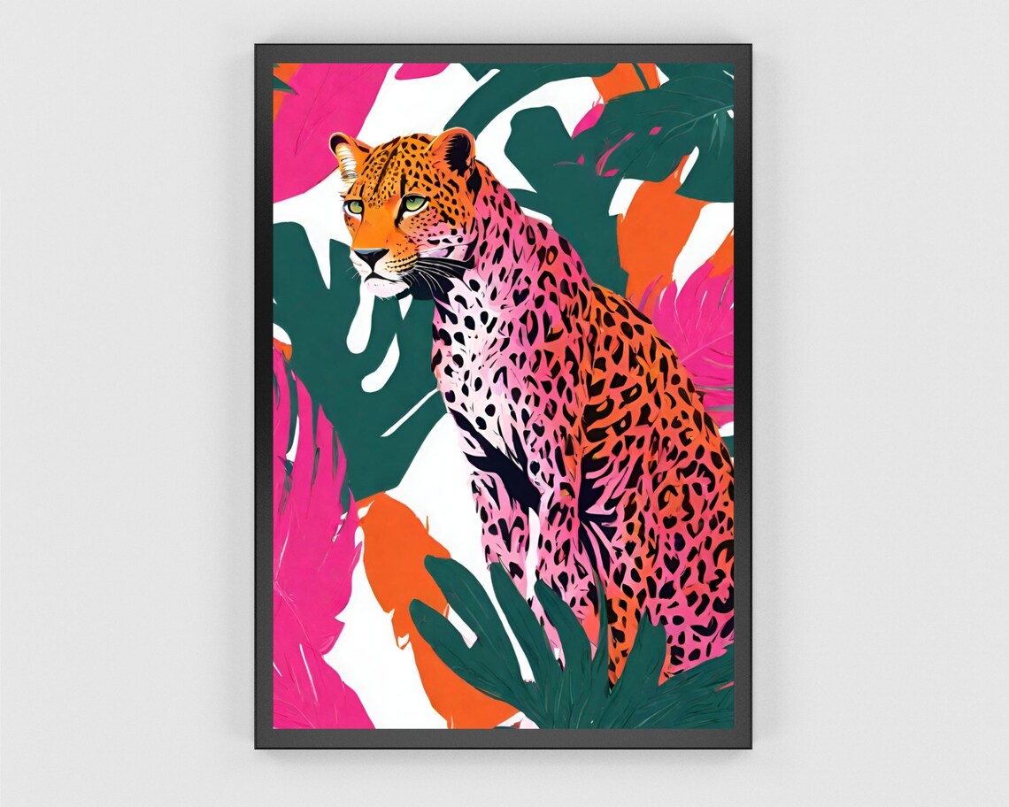 Pink Leopard Tropical Art Bold Leaf Jungle Feline Portrait Print - Image 3