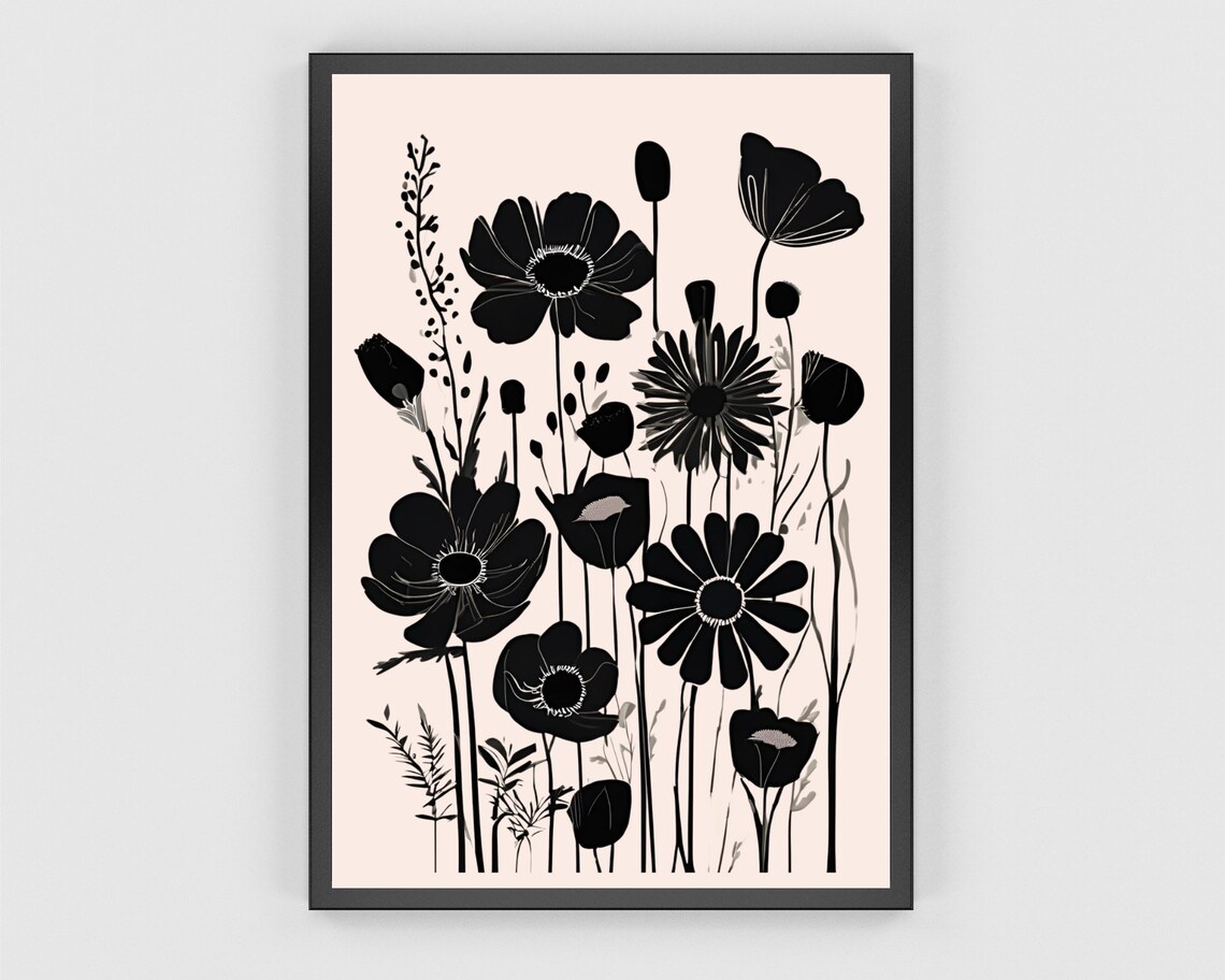 Black Wildflower Bouquet Silhouette Cream Modern Botanical Art Poster - Image 3