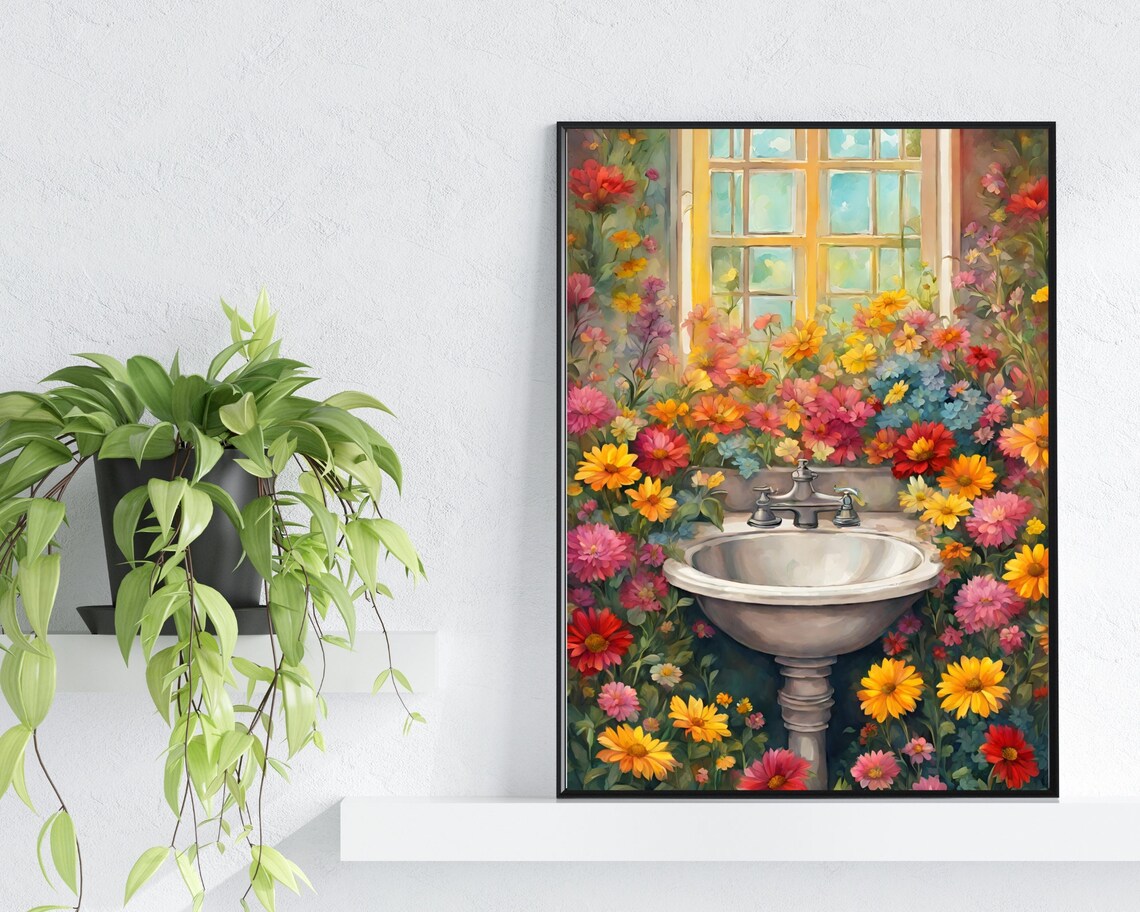 Colorful Wildflower Sink Art Blooming Bathroom Floral Wall Print - Image 2