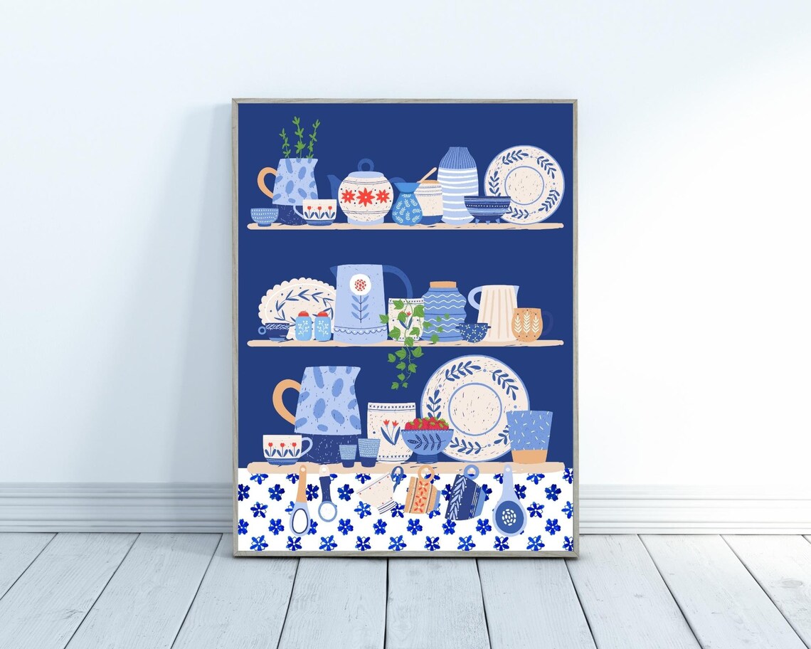 Kitchen Collection Art Print, Blue Crockery Shelfie - Image 2