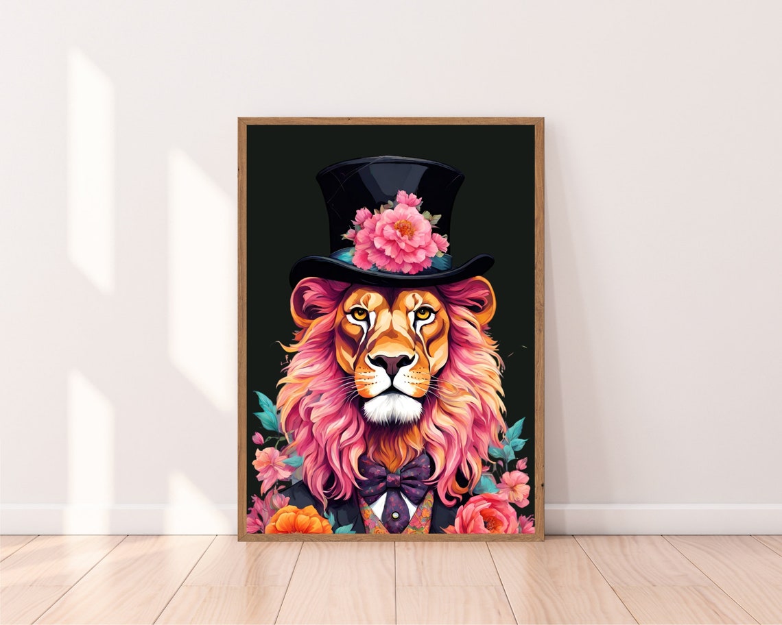 Fashion Lion Wall Art Print Lion Portrait Poster Renaissance Lion Painting Regal Lion Gothic Poster Pink Lion Vintage Style Animal - Image 2