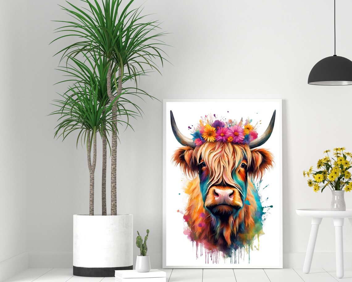 Botanical Watercolor Highland Cow Art Print - Image 2