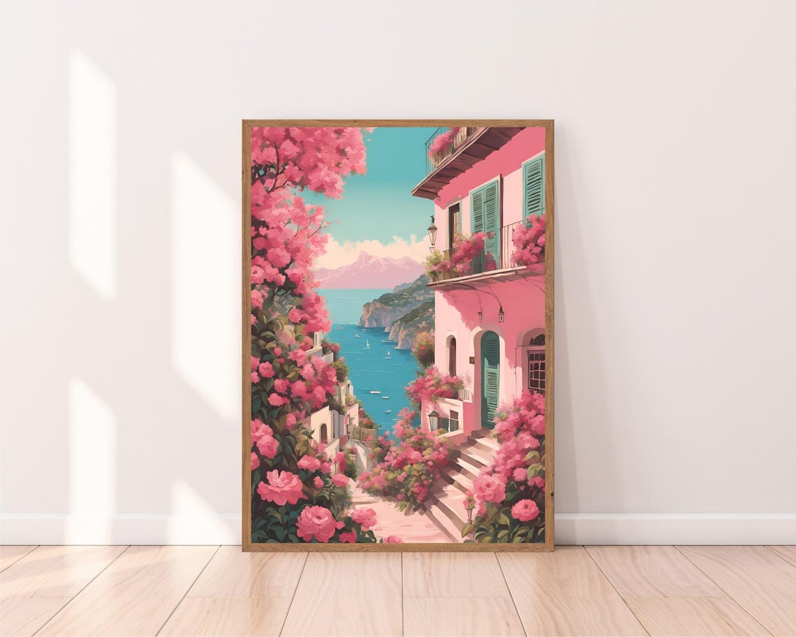 Amalfi Coast Bougainvillea and Blue Sea View Travel Decor Poster - Image 2