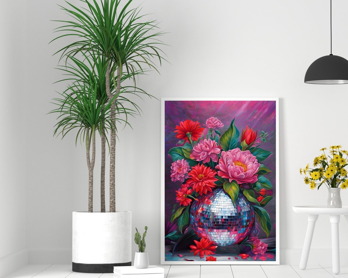 Red And Pink Flowers Arranged Around Mirrored Disco Ball Poster - Image 2