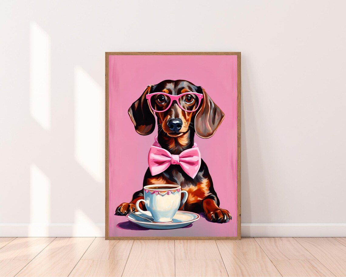 Dachshund With Coffee Cup Pink Glasses Bow Tie Funny Wall Poster - Image 2