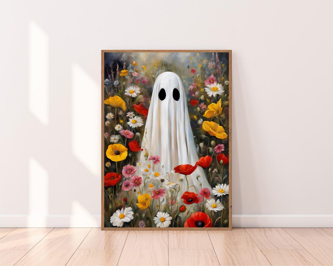 Cute White Ghost Standing In Colorful Wildflower Meadow Poster - Image 2