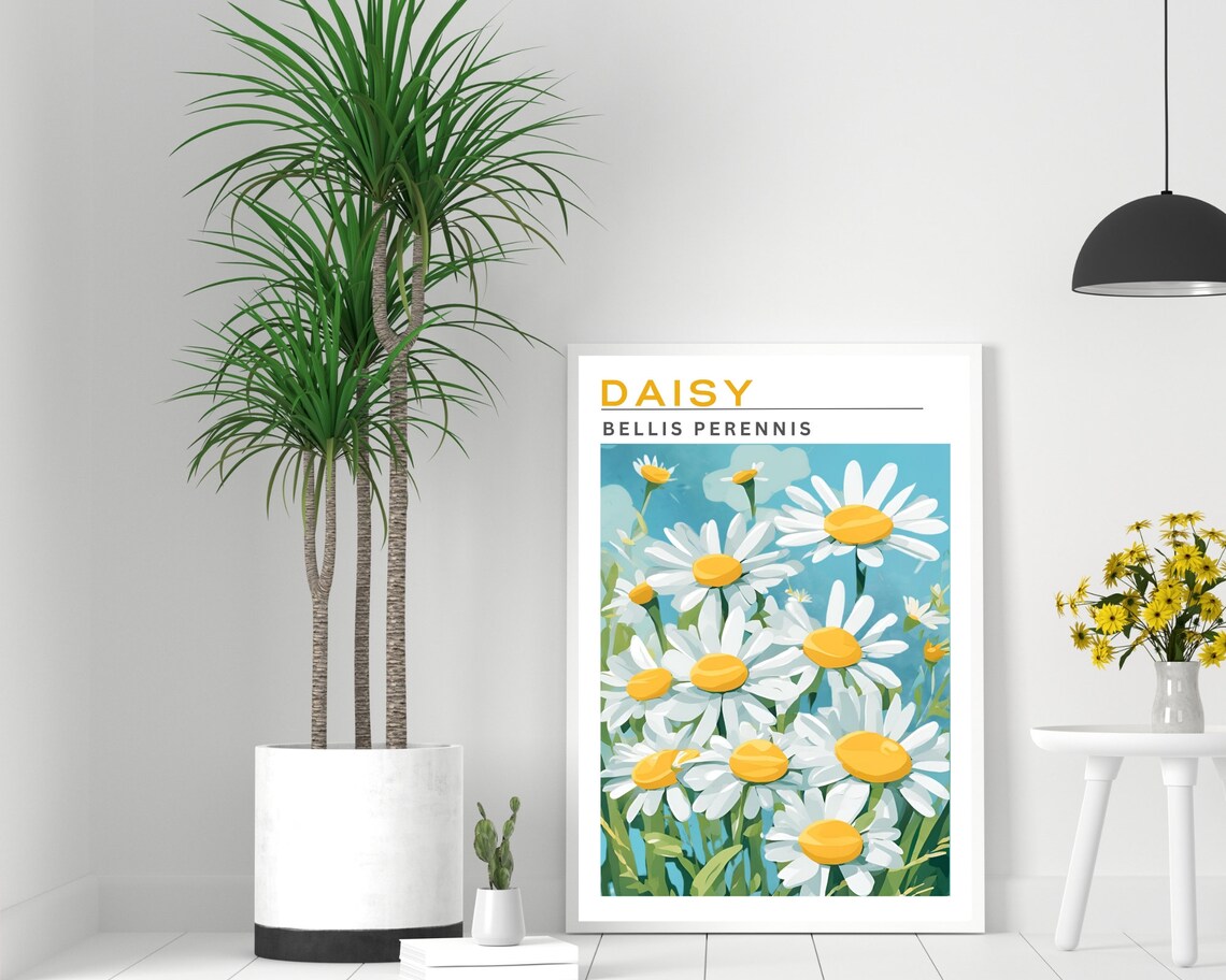 Daisy Bellis Perennis Flower Botanical Teal Vintage Chart Poster - Image 2