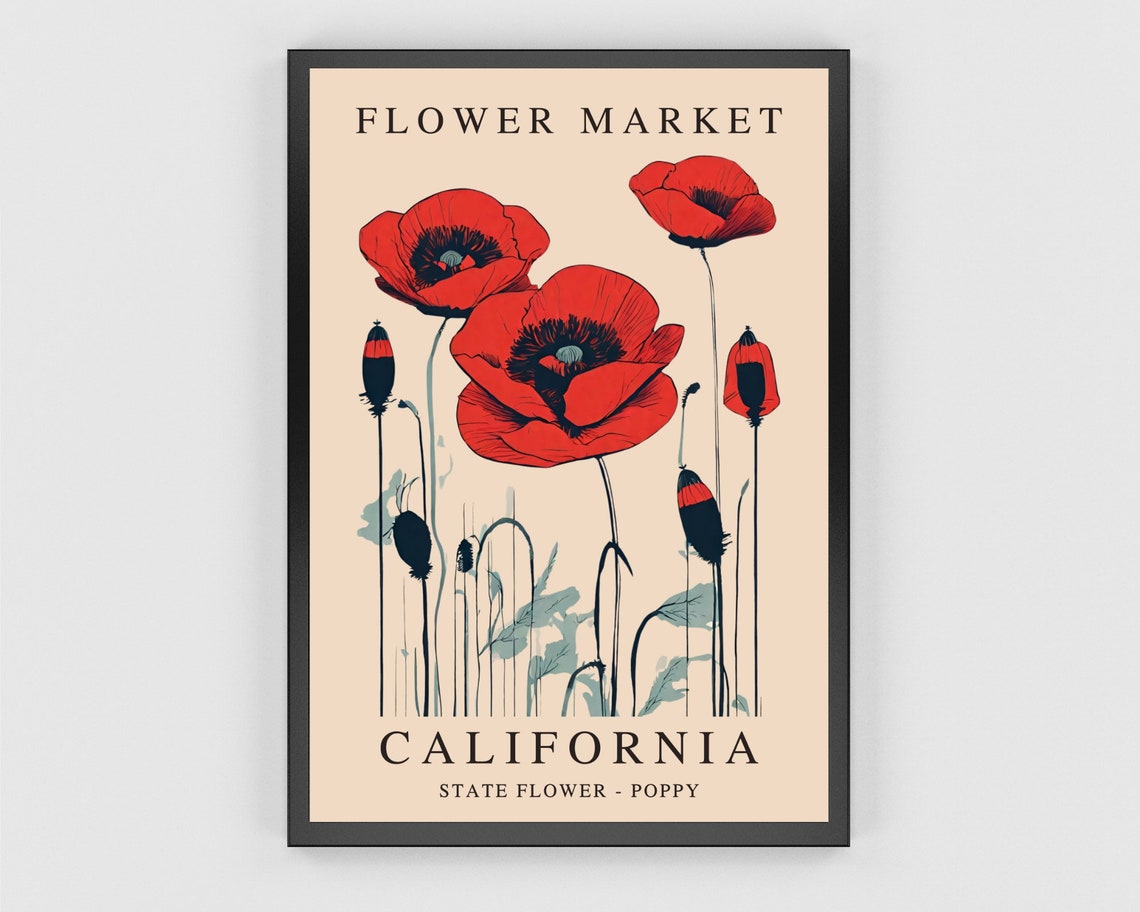 California Poppy Flower Market Print California Poppy Travel Poster California State Flower 1960s Wall Art Pastel Botanical Flower Artwork - Image 3