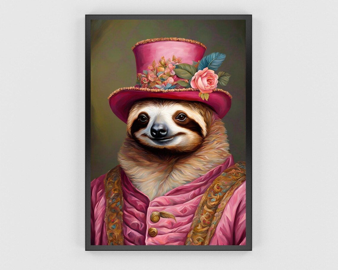 Renaissance Sloth Portrait Pink Top Hat Floral Dapper Wall Poster - Image 3