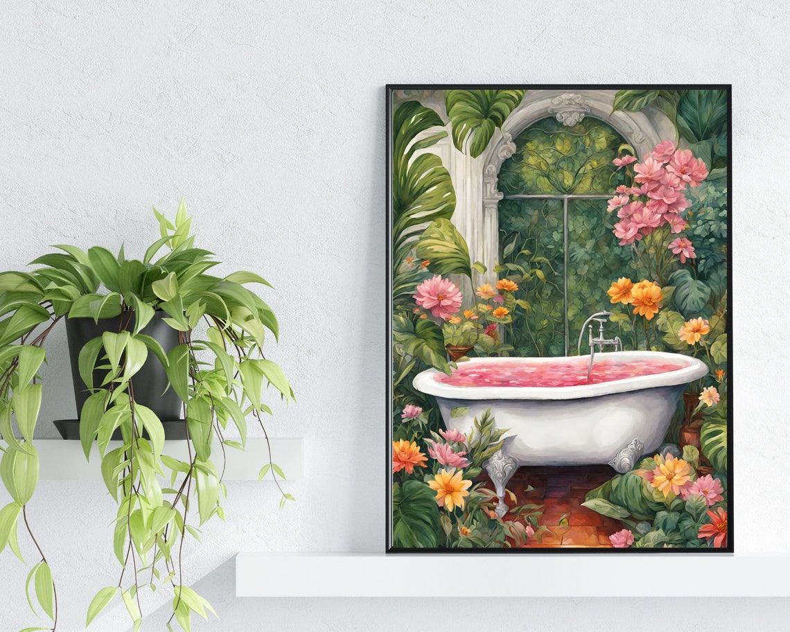 White Clawfoot Bathtub Floral Garden Art Blush Pink Bloom Print - Image 2