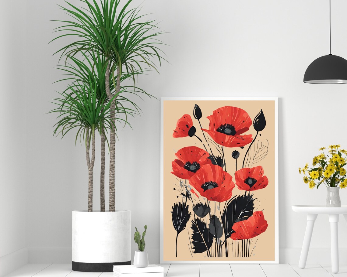 Red Poppy Black Stems Beige Modern Botanical Floral Sketch Poster - Image 2