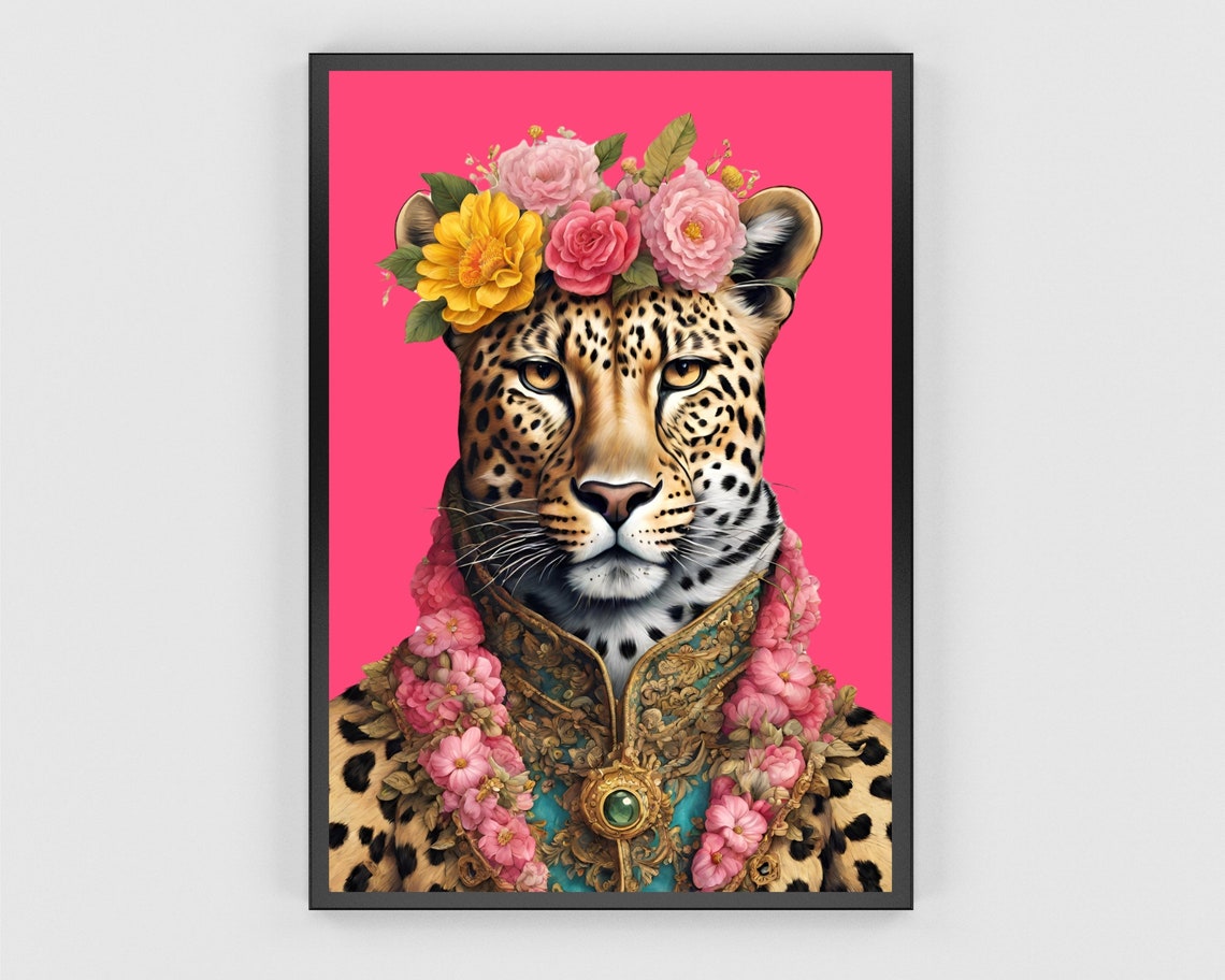 Regal Leopard Fashion Art Gold Brocade Coat Pink Blossom Crown Print - Image 3