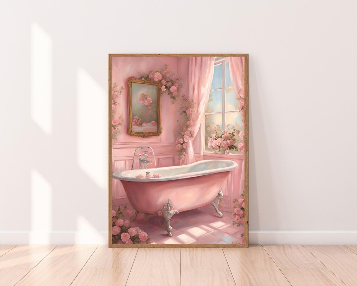 Pink Clawfoot Bathtub in a Floral Vintage Bathroom Art Poster - Image 2