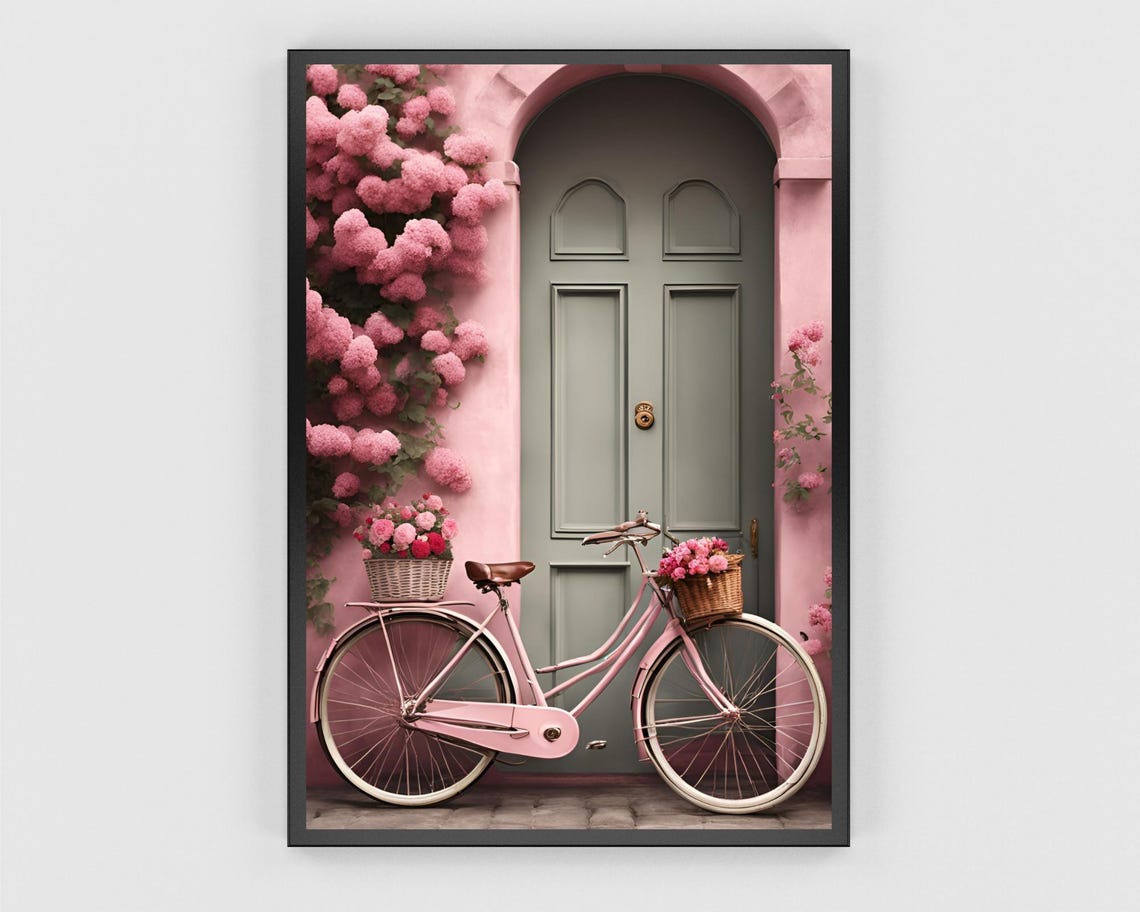 Pink Bicycle with Flower Baskets by a Green Door Charming Poster - Image 3