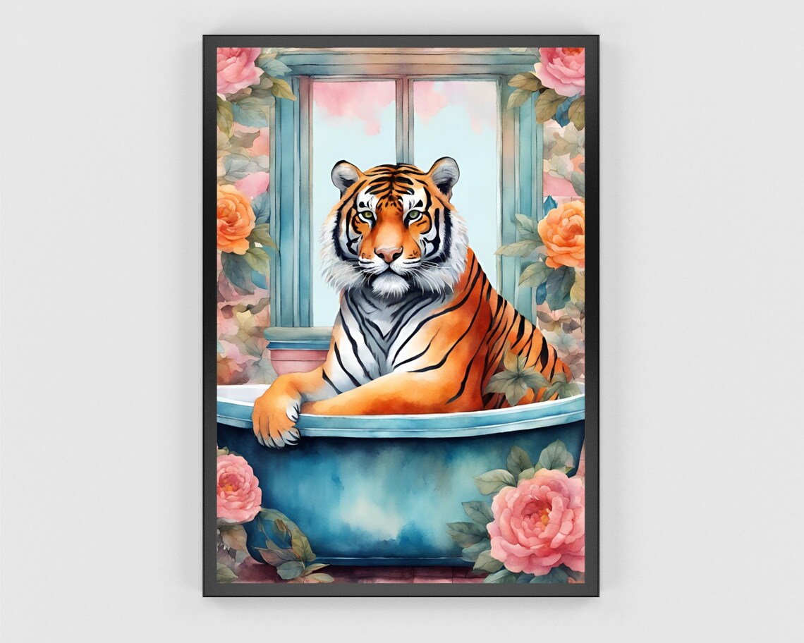 Tiger in Blue Bathtub Roses Whimsical Bathroom Animal Art Poster - Image 2