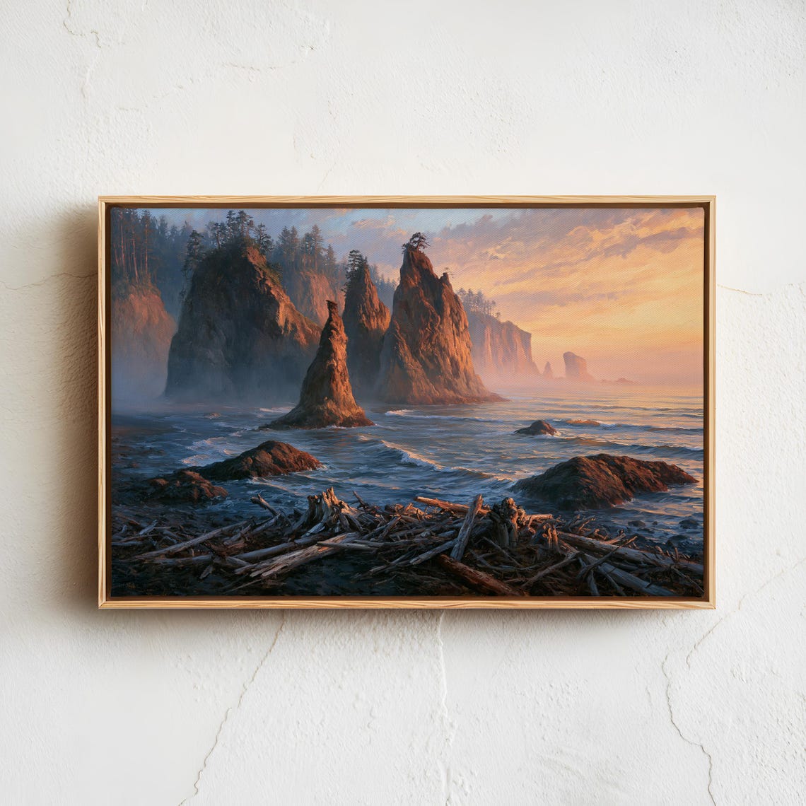 Olympic Pacific Coast Sea Stacks Driftwood Sunset Vintage Poster